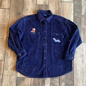 Vintage Disney Winnie the Pooh Blue Corduroy Shirt with Embroidered Characters